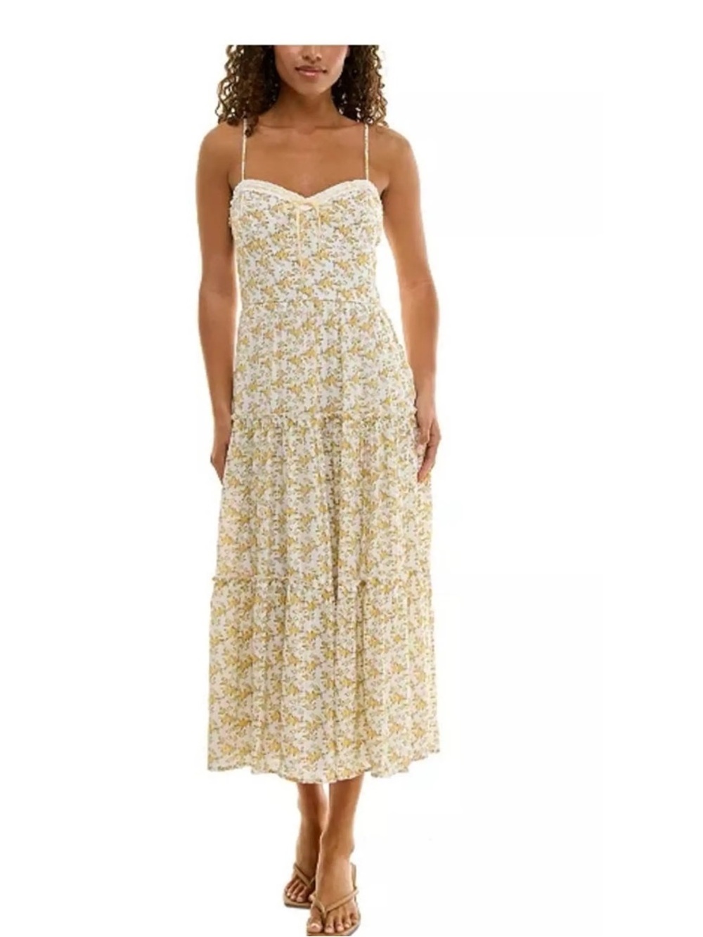 Trixxi Yellow Floral Midi Dress with Spaghetti Straps